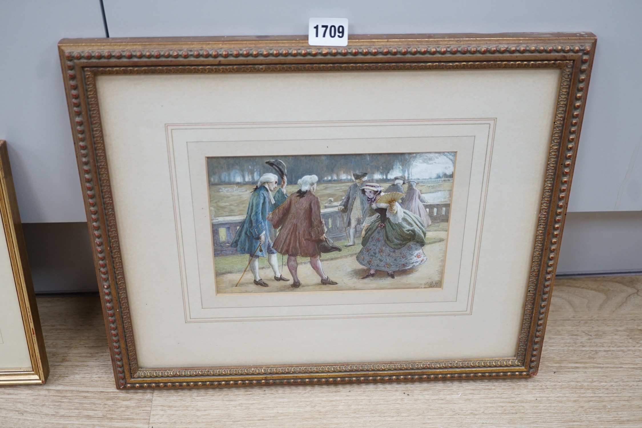 John Dawson Watson (1832-1892), two watercolours, Girls playing tennis, 17 x 14cm and Georgians on a terrace, initialled and dated 1887, 14 x 21.5cm